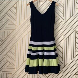 Joseph Ribkoff Sleeveless Striped drop waist Flowy a line Dress navy blue 6